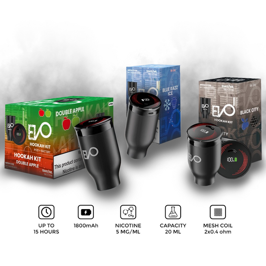 EVO Hookah Pods Disposable with black cups on a white background