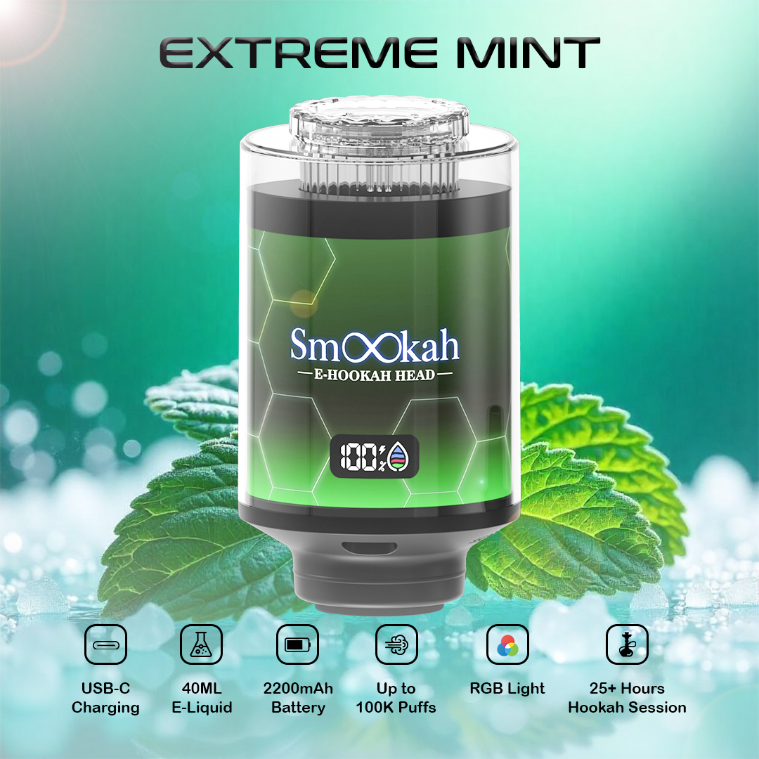 Smookah 2 in 1 hookah vape with mint leaves on a green and blue gradient background