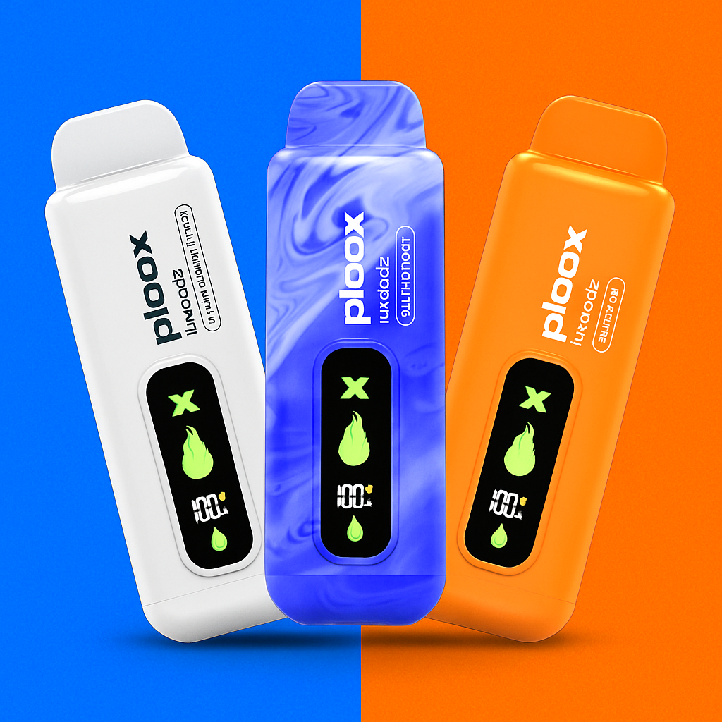 Ploox By Luxpodz 15K Disposable in white, blue, and orange on a split blue and orange background.