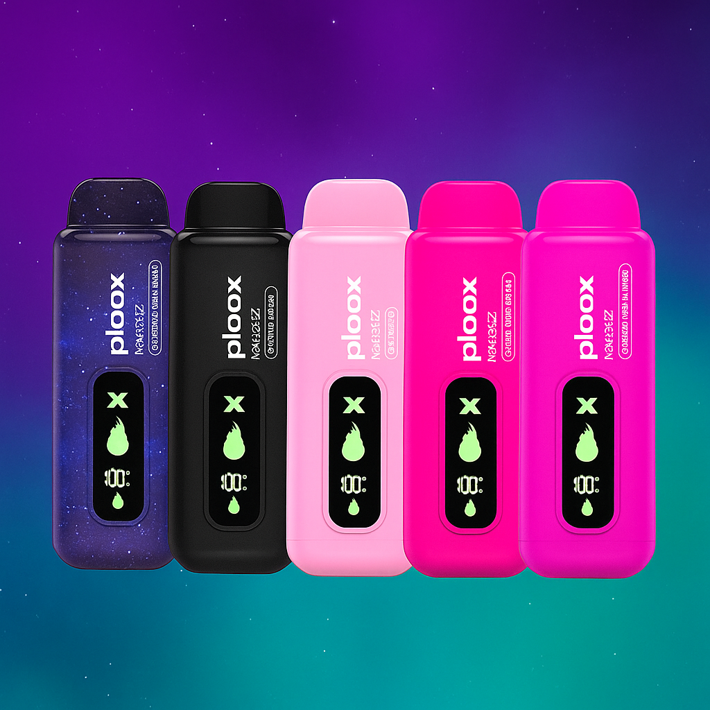 Ploox By Luxpodz 15K Disposable in black, pink, and purple on a gradient background