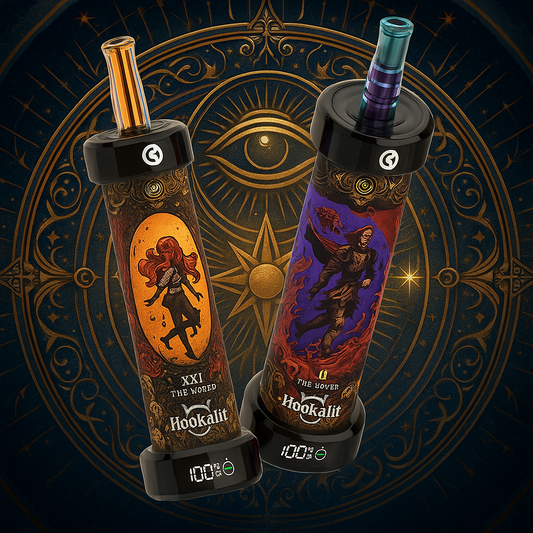 Two Hookalit vape devices with artistic designs on a decorative background