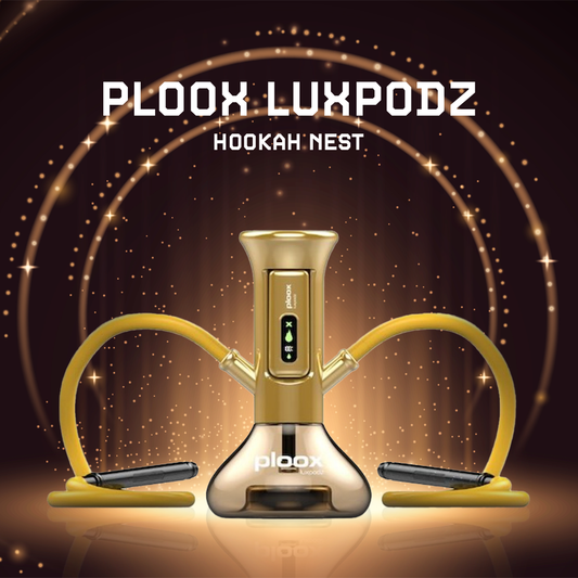Ploox Hookah Nest Portable with gold and black design on a dark background