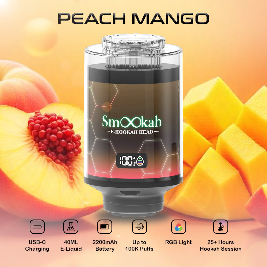 Smookah 2 in 1 hookah vape with peach and mango on a gradient background