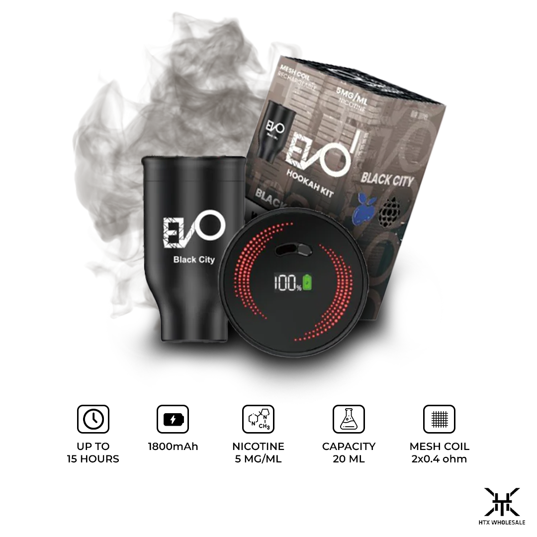 EVO Hookah Pods Disposable with black cup, digital display, and packaging on a white background