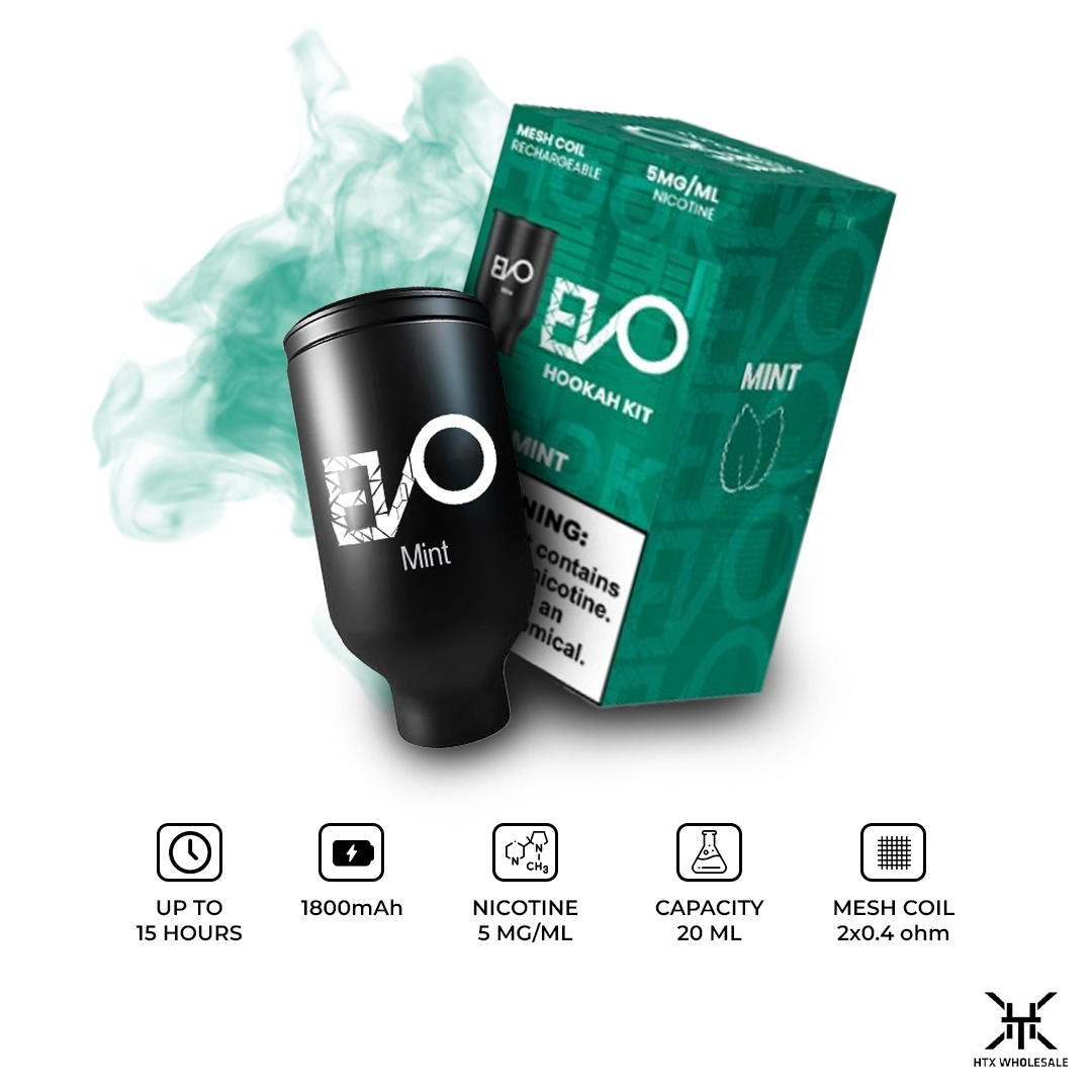 EVO Hookah Pods Disposable with black device and green packaging on a white background