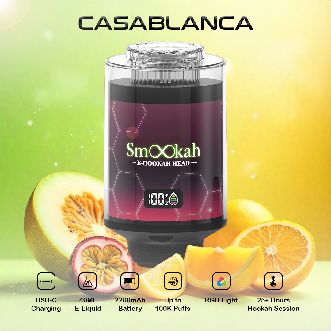 Casablanca Smookah 2 in 1 hookah vape with fruits on a gradient background