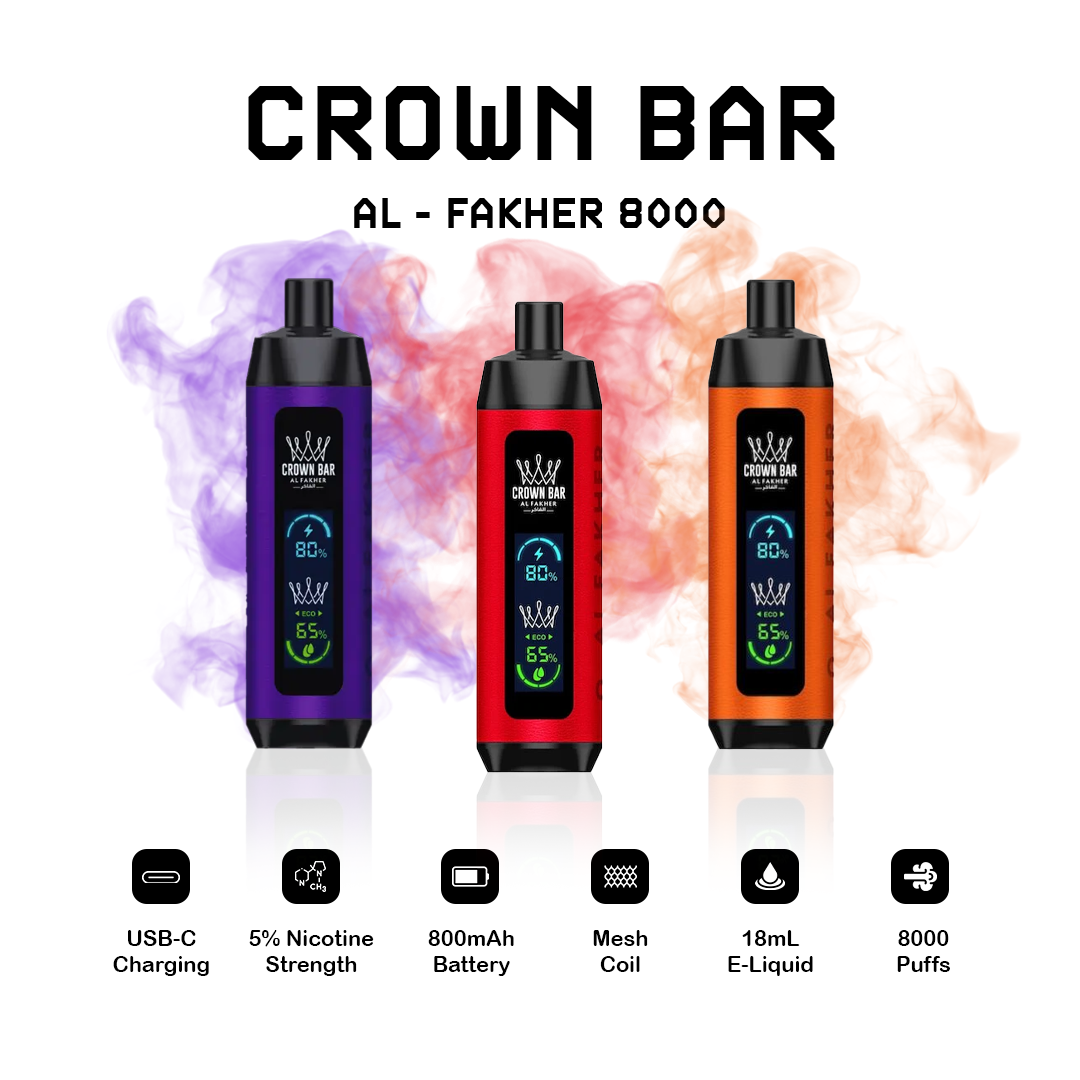 AL Fakher Crown Bar 8000 devices in purple, red, and orange with product features listed below on a white background.