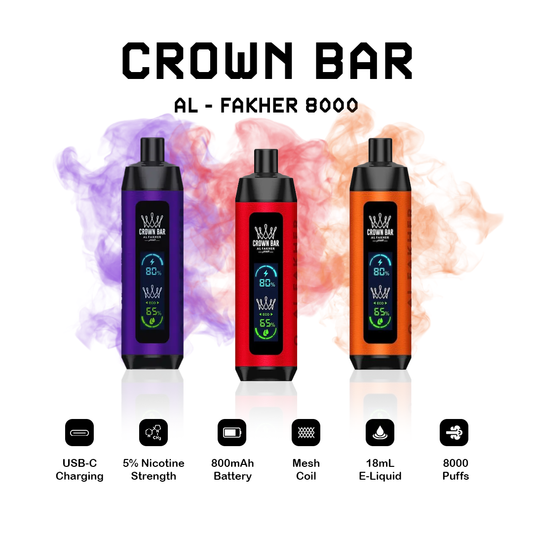 AL Fakher Crown Bar 8000 devices in purple, red, and orange with product features listed below on a white background.