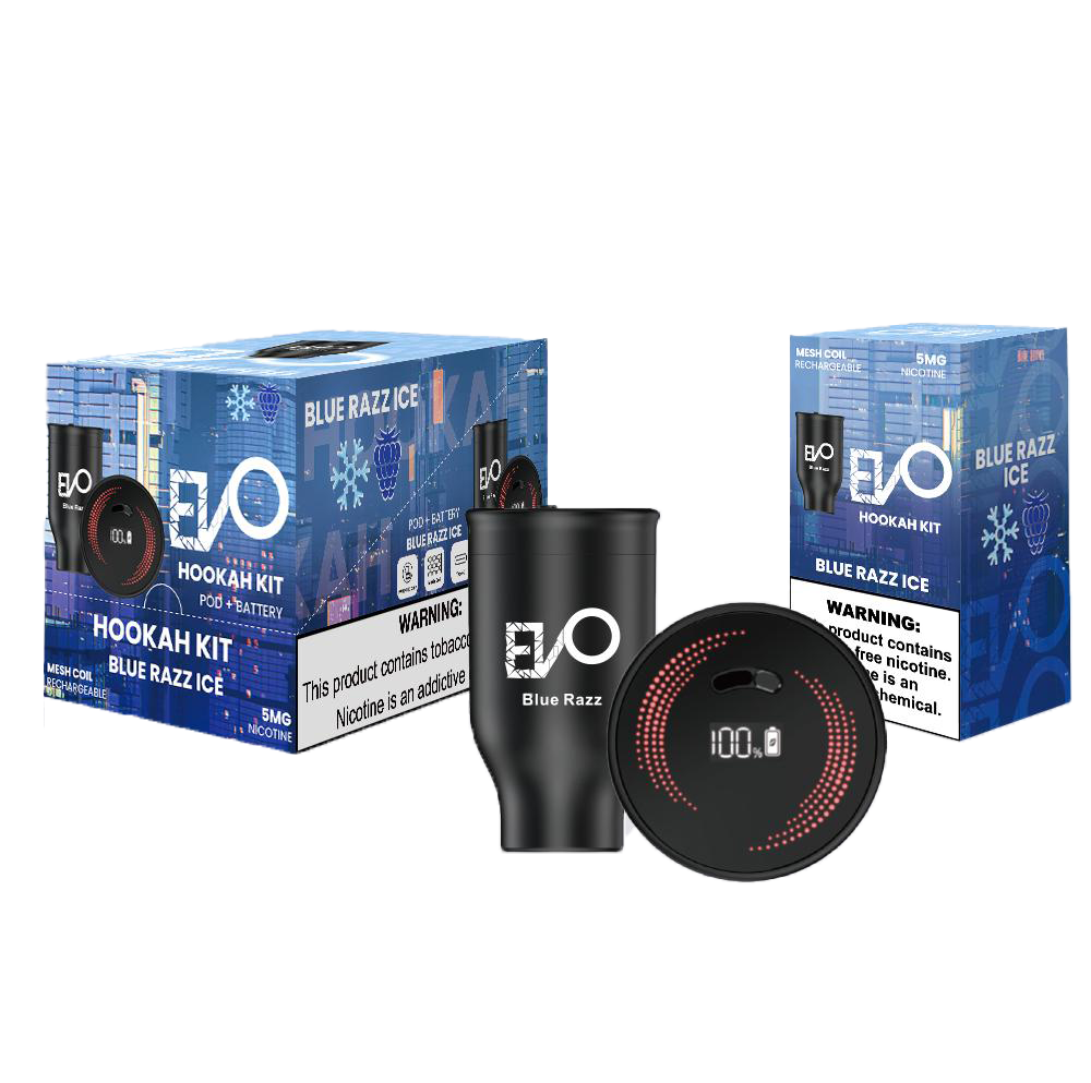EVO Hookah Pods Disposable  with black shisha holder and electronic device, featuring EVO branding, on a white background.