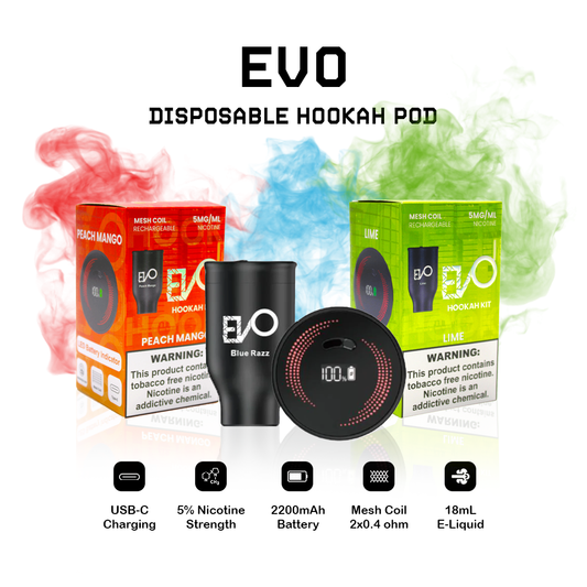 EVO Hookah Pods Disposable packaging with colorful smoke effects on a white background