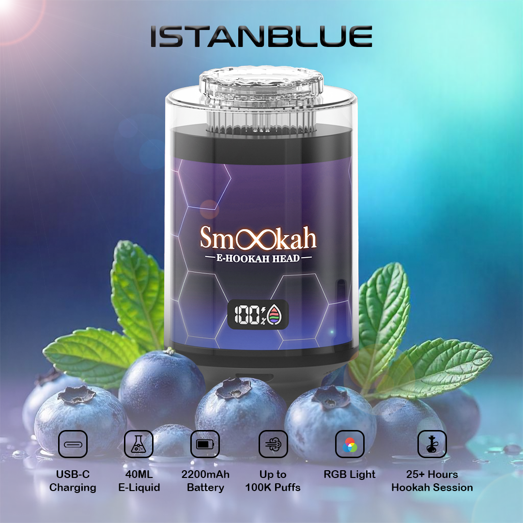 Smookah 2 in 1 hookah vape with blueberries and leaves on a gradient background, featuring the brand 'Istanblue'.