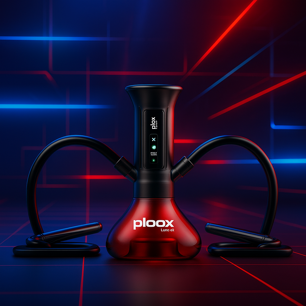 Ploox Hookah Nest Vape branding on a dark background with red and blue lights.