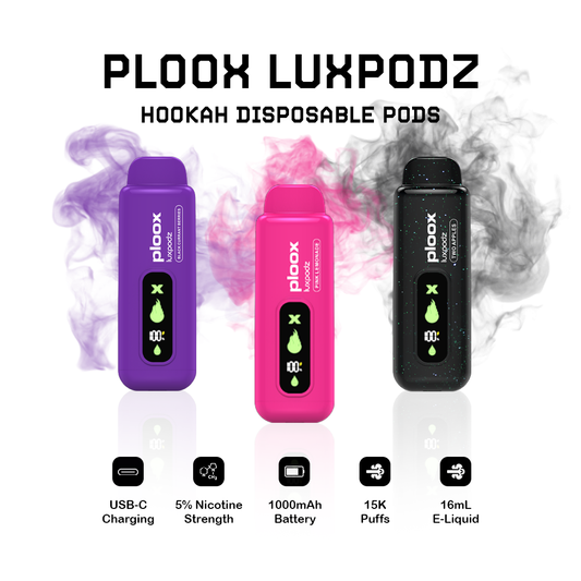 Ploox By Luxpodz 15K Disposable with product details on a white background.