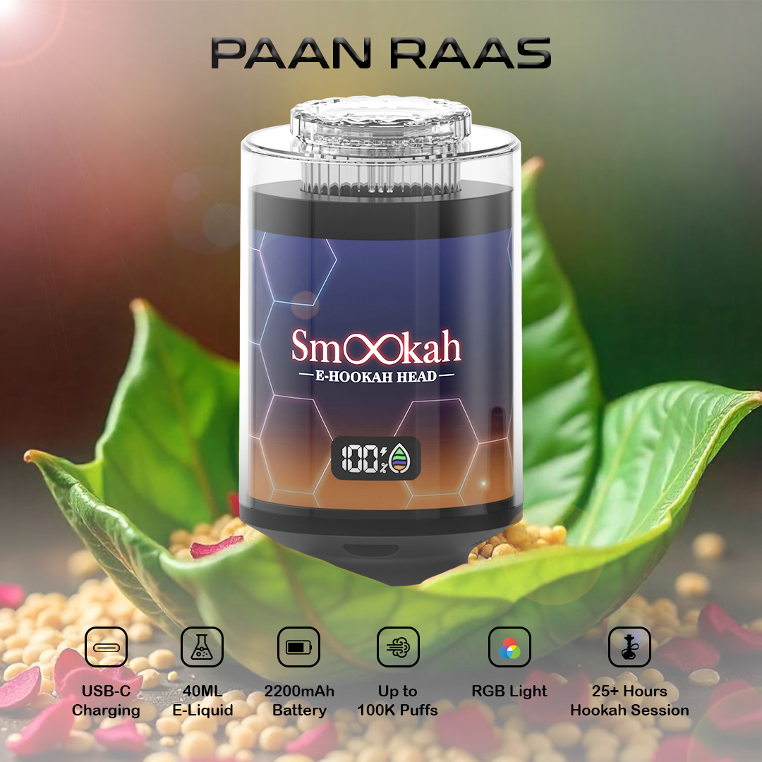 Smookah 2 in 1 hookah vape packaging with PAAN RAAS branding on a natural background.