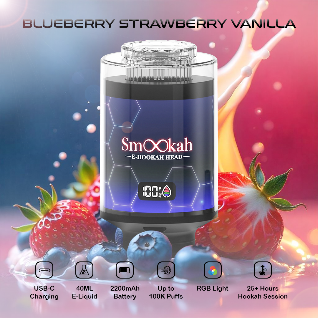 Smookah 2 in 1 hookah vape with blueberry, strawberry, and vanilla theme on a colorful background