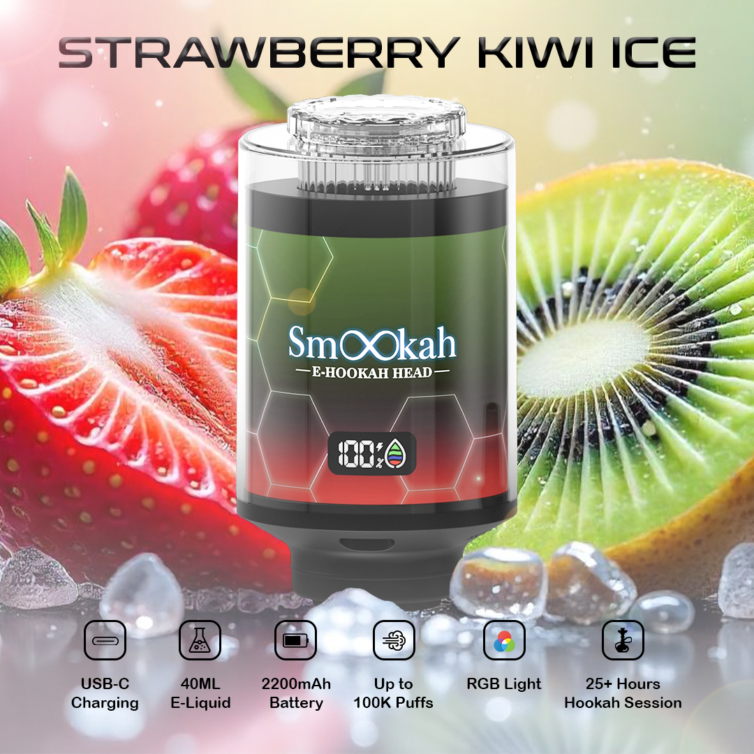 Smookah 2 in 1 hookah vape with strawberry kiwi ice flavor on a background of strawberries and kiwis.